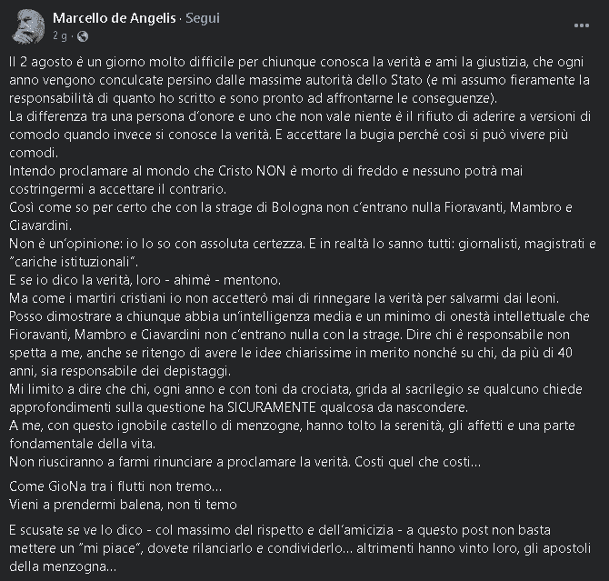 Strage di Bologna, scoppia il caso De Angelis. Il portavoce della Regione Lazio: “Io al rogo come Giordano Bruno” 1 image