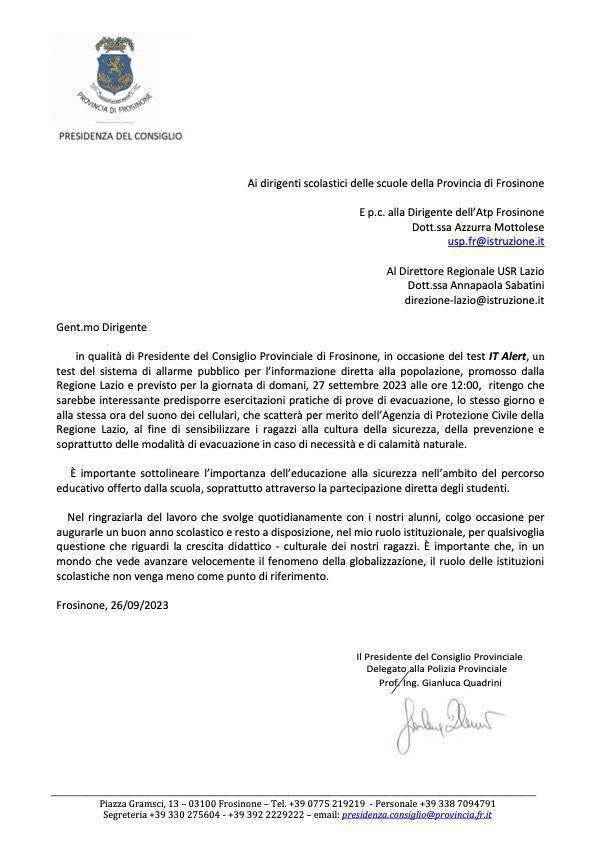 Gianluca Quadrini sensibilizza i dirigenti scolastici alle prevenzione in occasione dell'IT Alert 1 Comunicazione Dirigente Scolastico