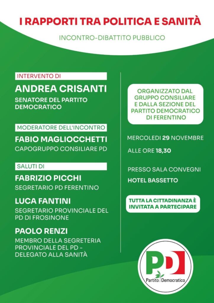 SANITÀ PUBBLICA, UN CONVEGNO A FERENTINO CON L’ONOREVOLE MARCO CRISANTI 1 convegno pd ferentino