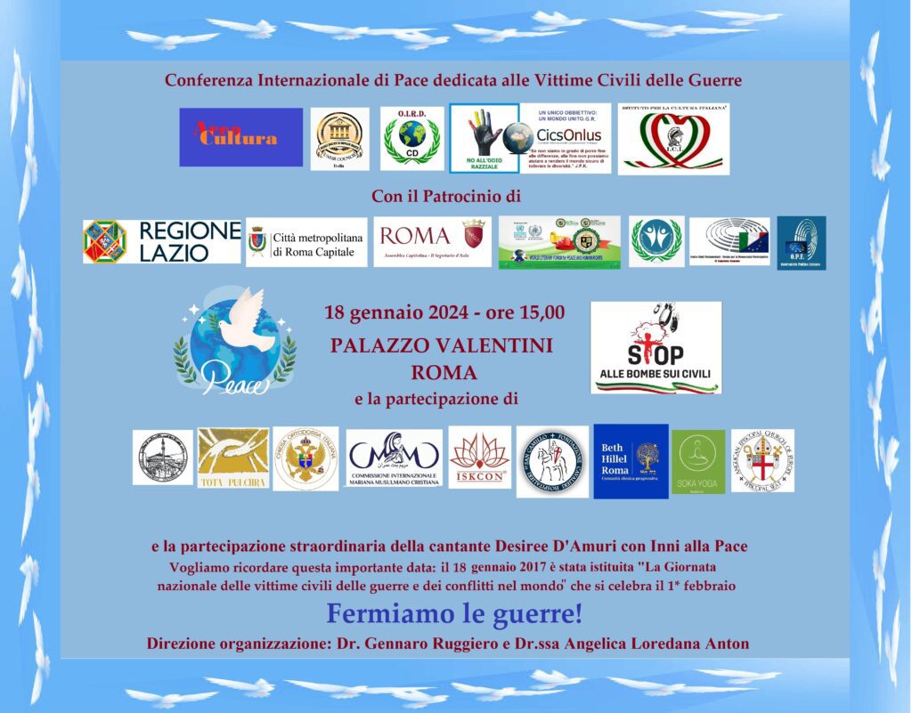 Roma 18 gennaio, a Palazzo Valentini la Conferenza Internazionale di Pace dedicata alle Vittime Civili delle Guerre 1 loc 18 gennaio def