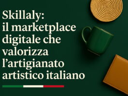 Copertina con il titolo "Skillaly: il marketplace digitale che valorizza l’artigianato artistico italiano" su sfondo verde scuro, affiancato da oggetti artigianali come una tazza in ceramica, un portafoglio in pelle e un sottopiatto intrecciato.