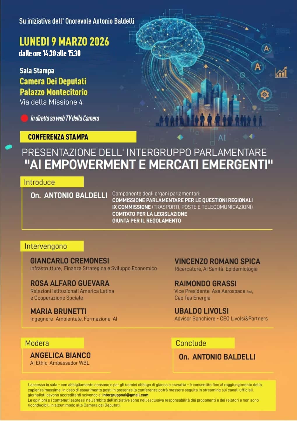 Lunedì presentazione Intergruppo Parlamentare AI, empowerment e mercati emergenti Lunedì presentazione Intergruppo Parlamentare AI, empowerment e mercati emergenti