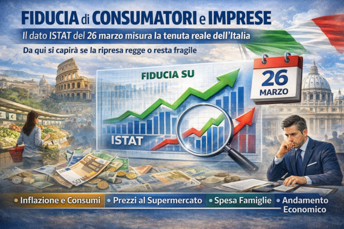 Grafica sulla fiducia economica in Italia: dati ISTAT su consumatori e imprese, spesa al supermercato, inflazione e lavoro, con Roma sullo sfondo.