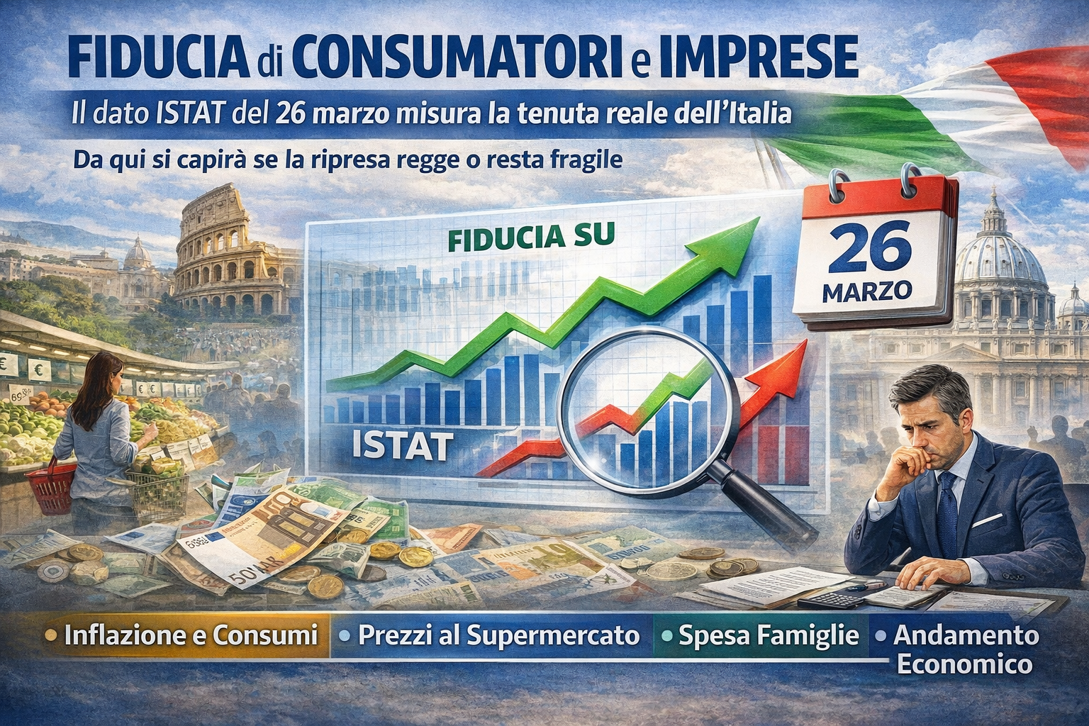 Fiducia di consumatori e imprese, il dato ISTAT del 26 marzo misura la tenuta reale dell’Italia Grafica sulla fiducia economica in Italia: dati ISTAT su consumatori e imprese, spesa al supermercato, inflazione e lavoro, con Roma sullo sfondo.