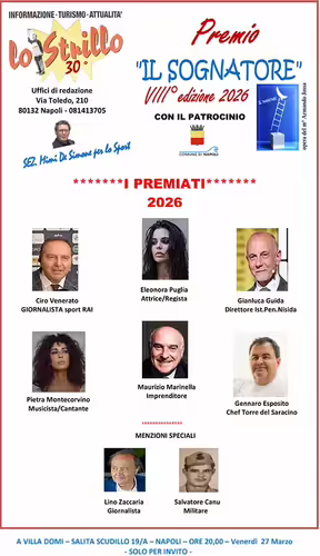 Il 27 Marzo torna a Napoli "Il Sognatore": Il Premio all’Audacia e alla Fantasia 1 premiati 2026