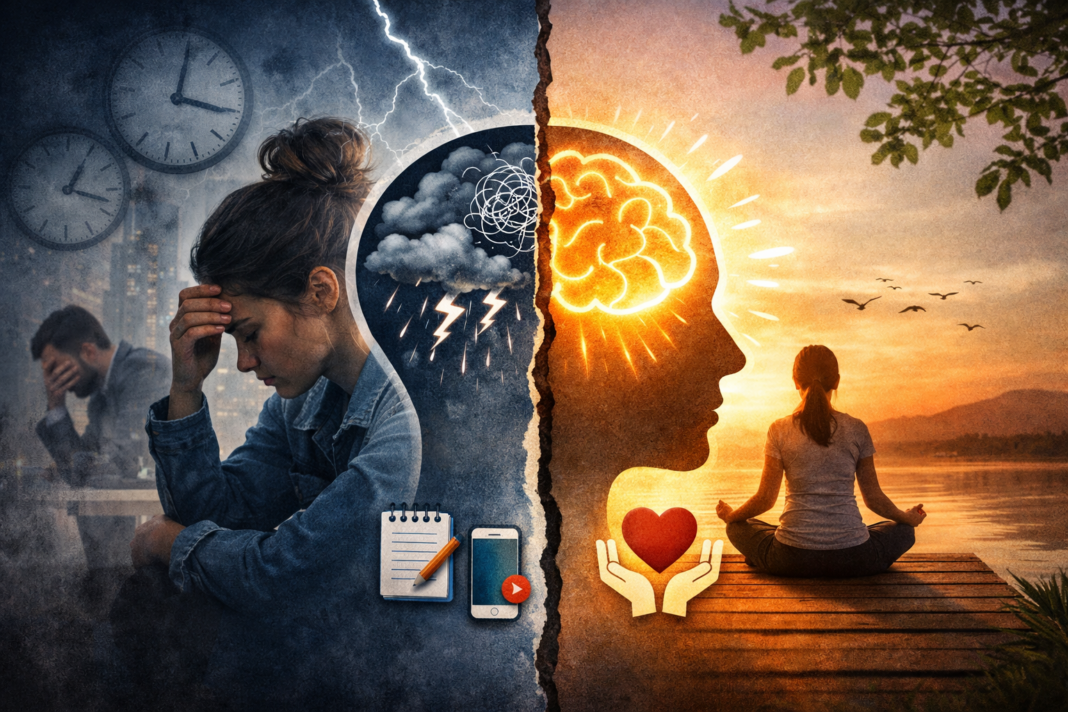 Ansia, stress e salute mentale: cosa ci sta succedendo davvero (e da dove ripartire) Rappresentazione del contrasto tra stress mentale e benessere: da un lato una persona in difficoltà, dall’altro una figura in meditazione simbolo di equilibrio