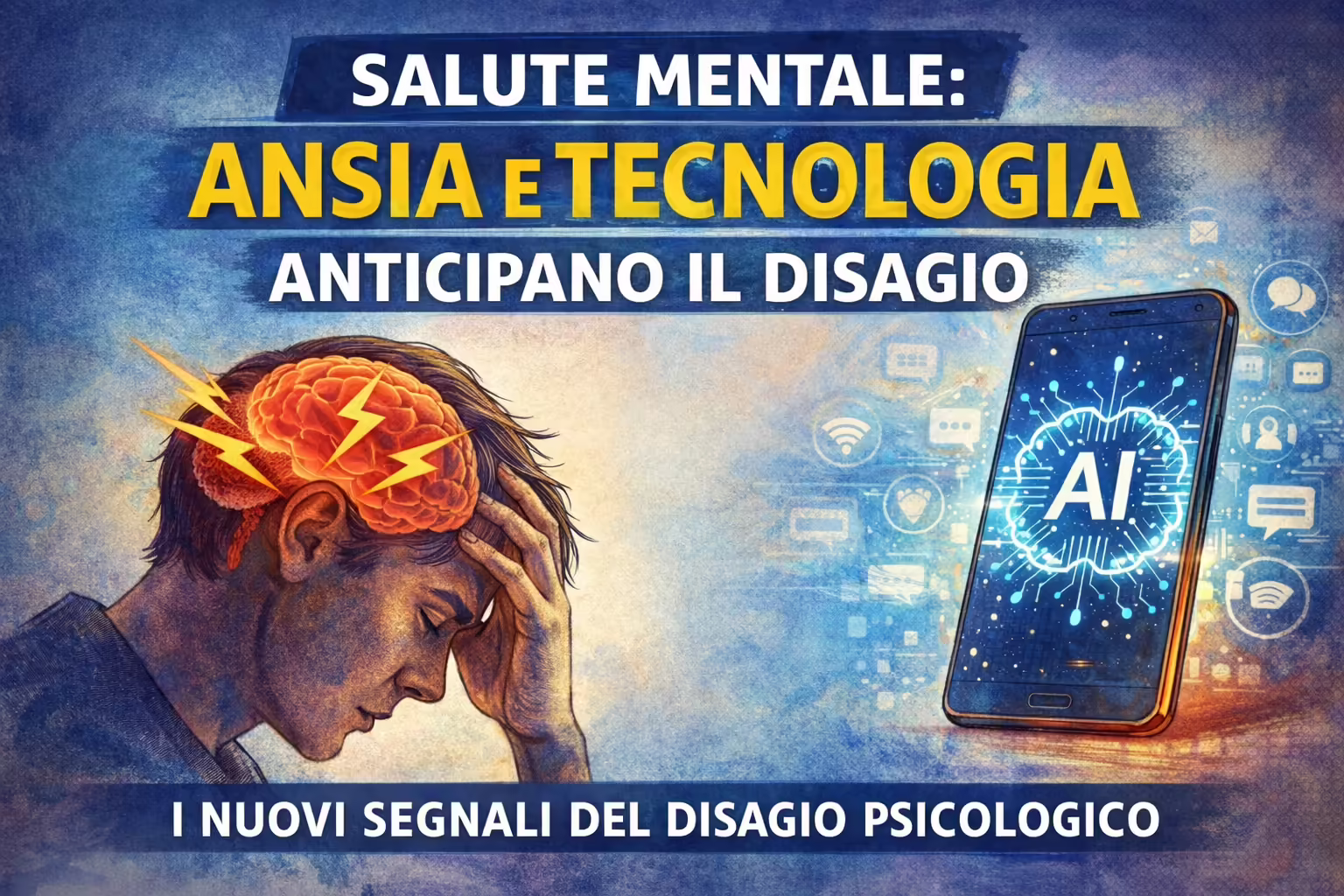 Illustrazione sulla salute mentale: un volto pensieroso e uno smartphone rappresentano il legame tra ansia, tecnologia e disagio psicologico.