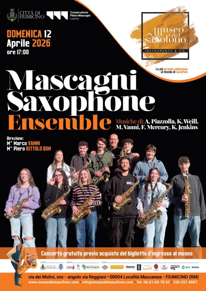 Concerto gratuito a Fiumicino il 12 aprile: sax, tango e pop al Museo del Saxofono con giovani musicisti del Conservatorio Mascagni.