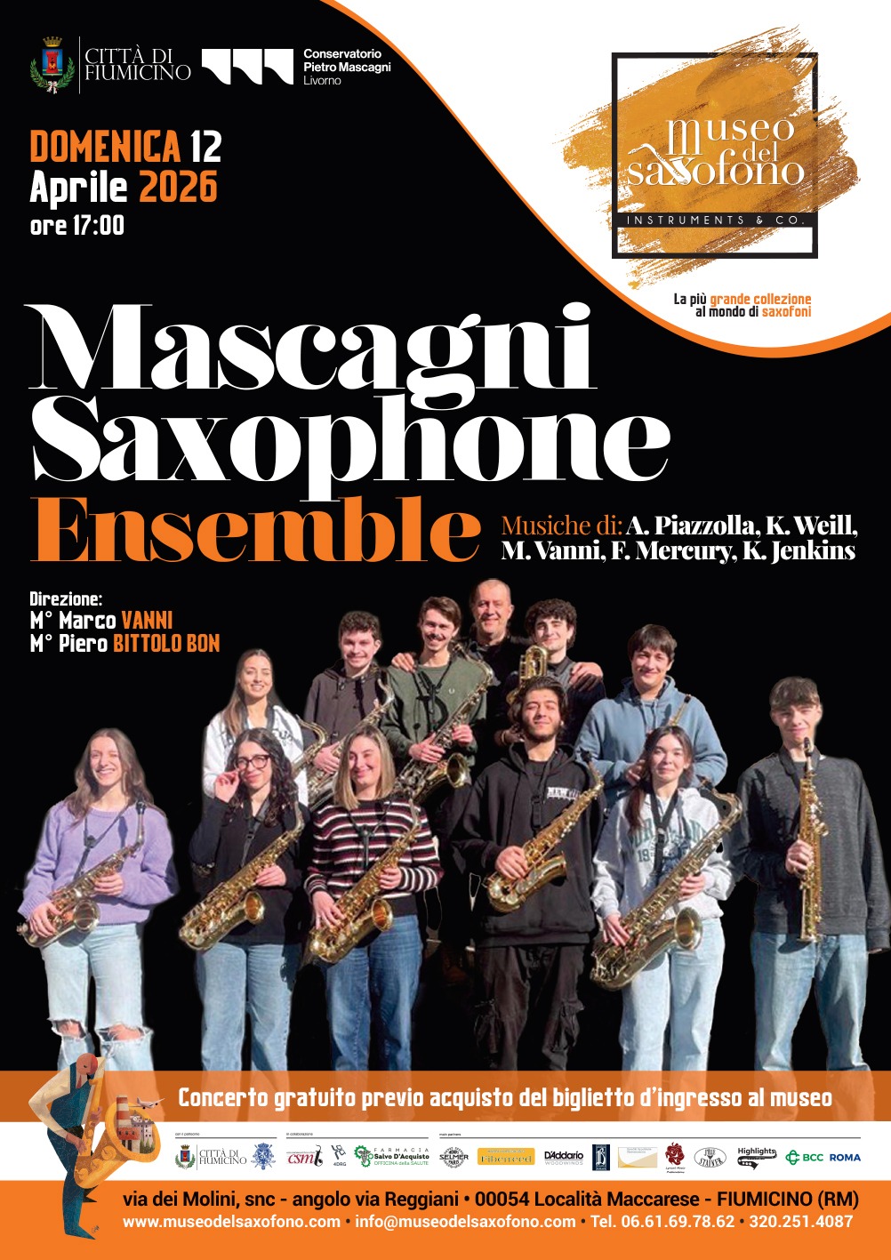 Fiumicino. Mascagni Saxophone Ensemble al Museo del Saxofono: concerto gratuito per i residenti Concerto gratuito a Fiumicino il 12 aprile: sax, tango e pop al Museo del Saxofono con giovani musicisti del Conservatorio Mascagni.