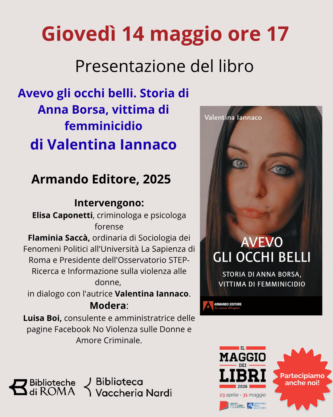 “Avevo gli occhi belli”: la storia di Anna Borsa, vittima di femminicidio, alla Biblioteca Vaccheria Nardi 2 locandina presentazione libro 14 maggio