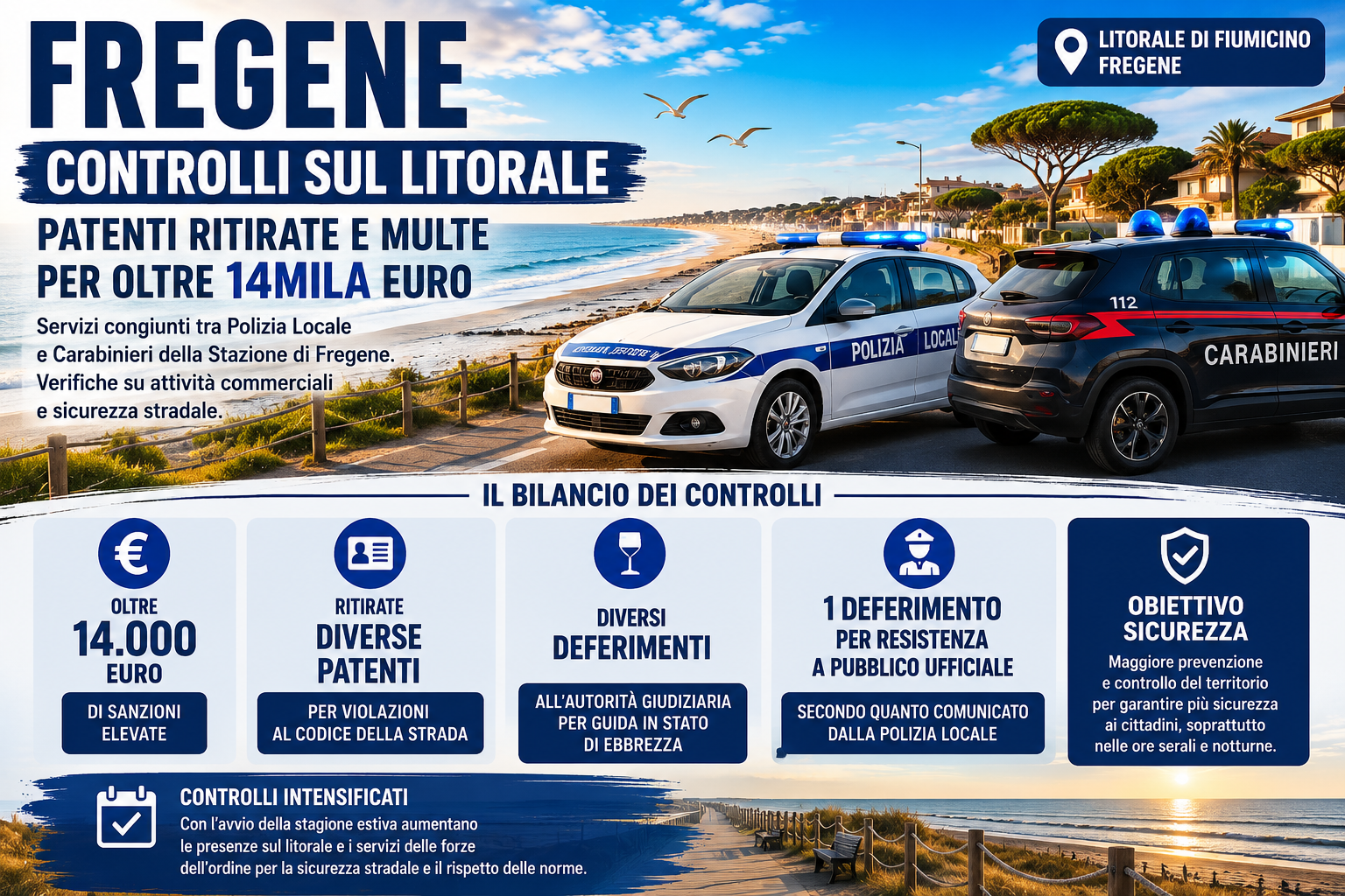 Fregene. Controlli sul litorale, patenti ritirate e multe per oltre 14mila euro Fregene, controlli sul litorale: multe per oltre 14mila euro e patenti ritirate
