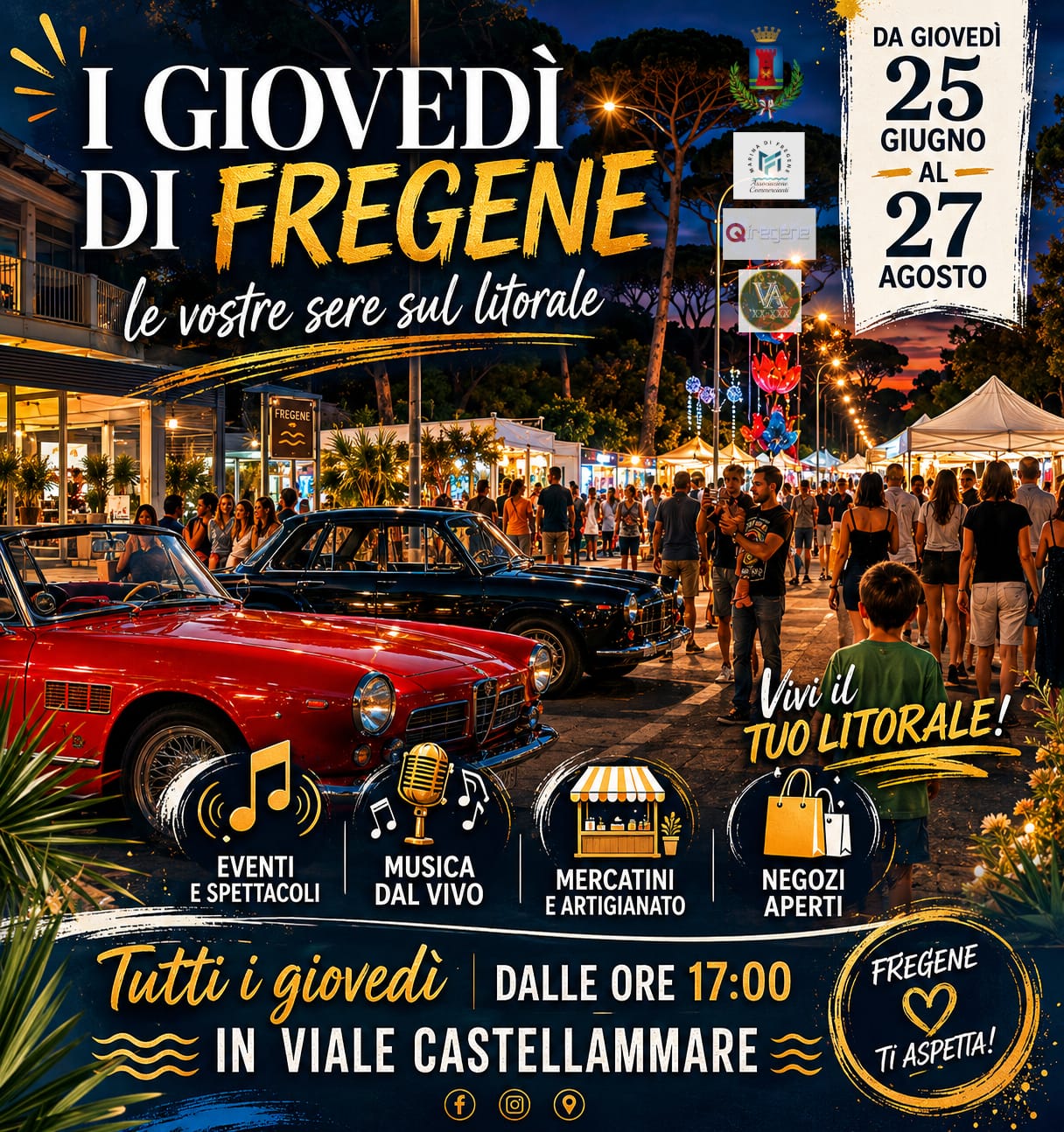 Fregene. Eventi estivi ogni giovedì: estate e negozi aperti sul litorale Dal 25 giugno al 27 agosto viale Castellammare ospita eventi, musica, mercatini e attività commerciali nel cuore di Fregene.