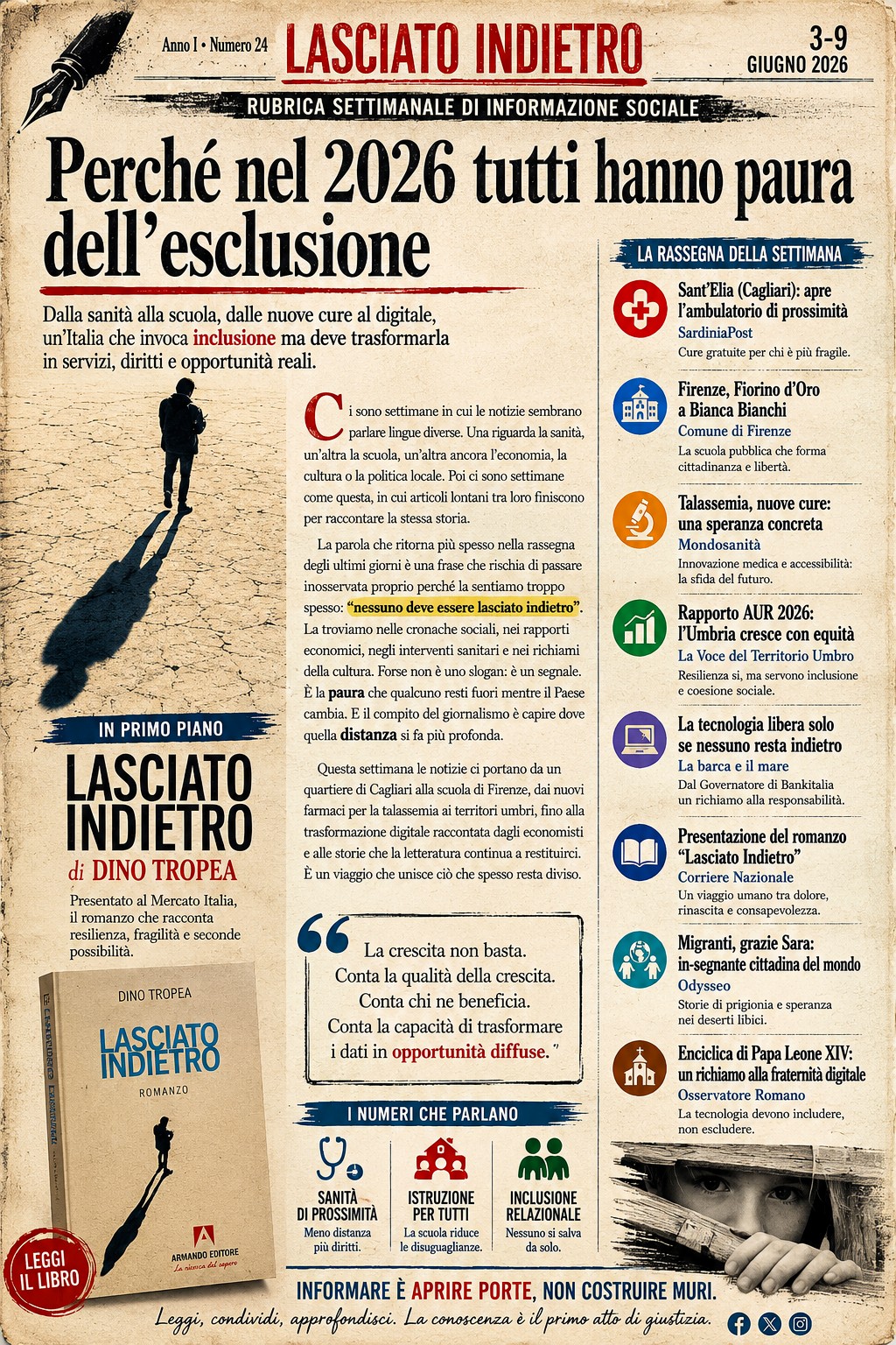 Lasciato Indietro: perché nel 2026 tutti hanno paura dell’esclusione Lasciato Indietro, rassegna stampa sociale giugno 2026 su esclusione, sanità, scuola, inclusione e fragilità sociali.