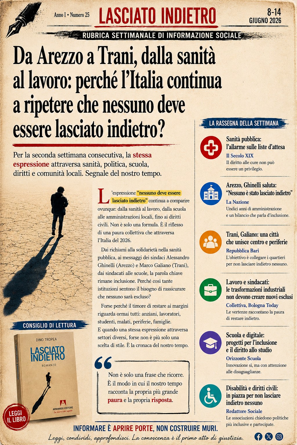 lasciato indietro settimana 8-14 giugno Rubrica Lasciato Indietro: da Arezzo a Trani, il fenomeno sociale dell'espressione "nessuno deve essere lasciato indietro" nell'Italia del 2026